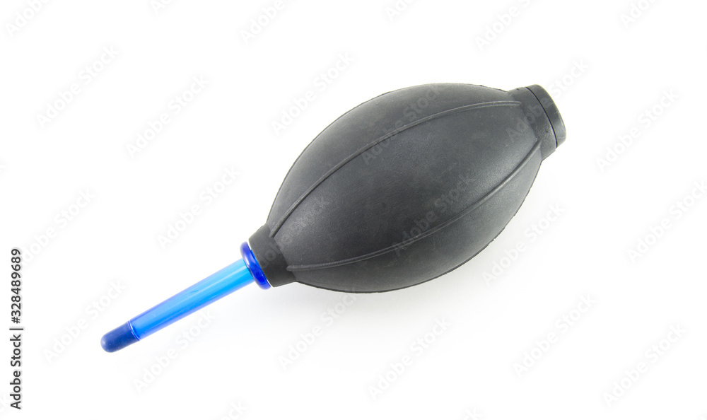 Black rubber bulb for removing dust with compressed air and cleaning photographic equipment. With a blue nose on a high quality white isolated background. Lying on its side Black rubber bulb for removing dust with compressed air and cleaning photographic equipment. With a blue nose on a high quality white isolated background. Lying on its side