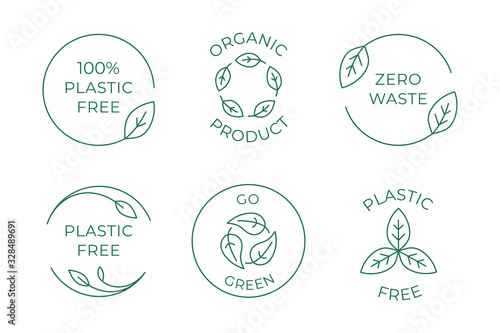 Vector icon and logo design template in simple linear style - 100 % plastic free emblem for packaging eco-friendly and organic products