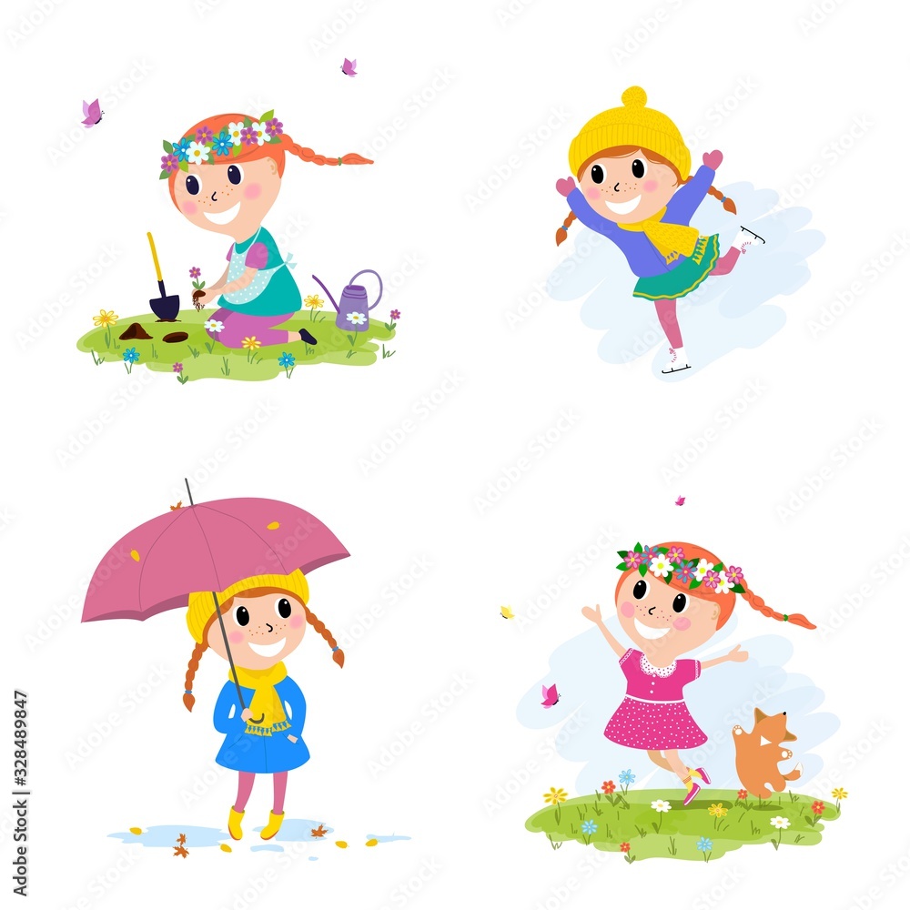Set of cute little girl different seasons. Vector cards, printable,Notes, Stickers, Labels, Congratulations, Invitations.