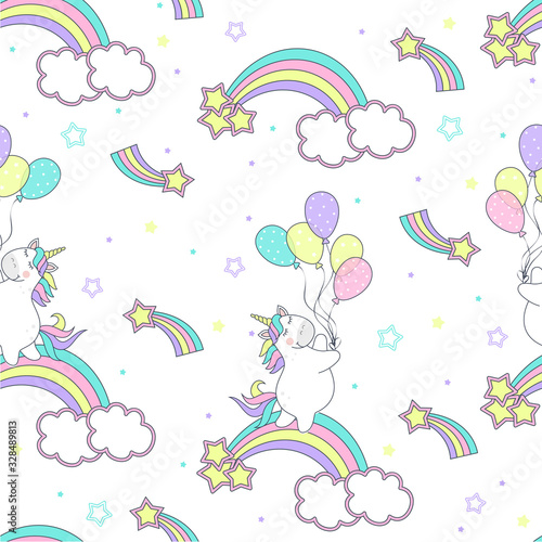 Vector illustration seamless pattern with cute unicorn and balloons.