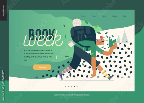Wood webdesign template -world Book Day graphics -book week events. Modern flat vector concept illustrations of reading people -man with mustache, cap, snickers, backpack in the forest reading a book