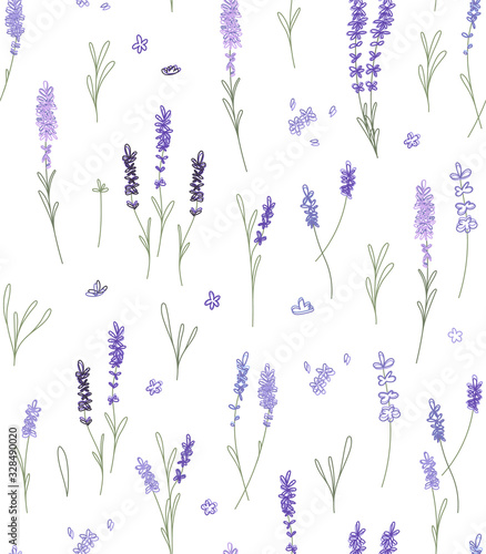 Seamless Pattern with abstract springs of lavander, flowers and leaves