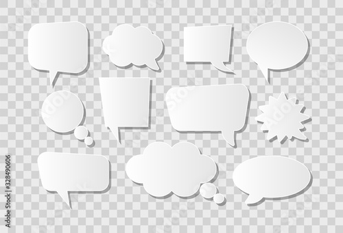 Paper white bubbles on transparent background. Blank speech bubbles for text. 