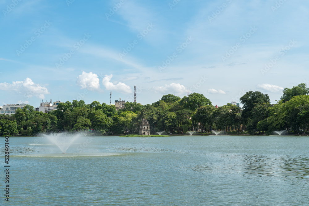 Hoan Kiem lake or Sword lake, Ho Guom in Hanoi, Vietnam with Turtle Tower