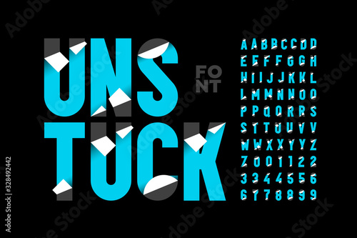 Unstuck style font design, alphabet letters and numbers