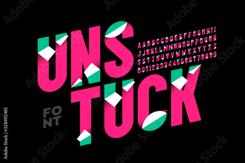 Unstuck style font design, alphabet letters and numbers