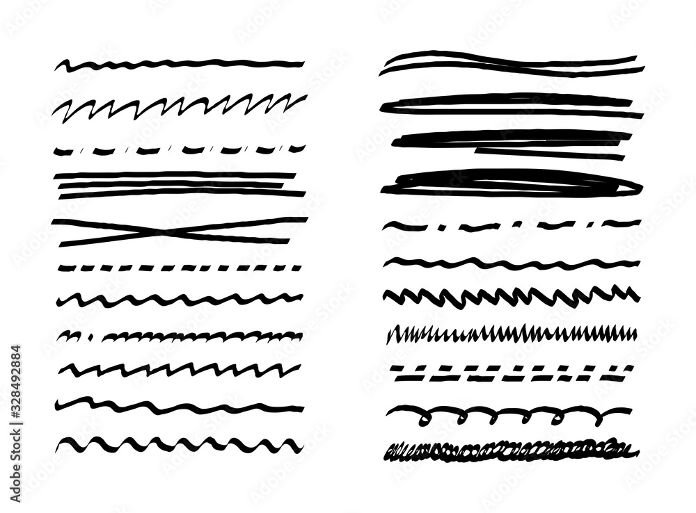 Set of simple black underline lines with pen, pencil, marker. Doodle letters. Handwriting of different lines dotted wavy. Scribble. Vector illustration.