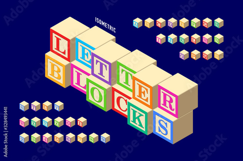 Isometric colorful wooden letter blocks alphabet, letters and numbers