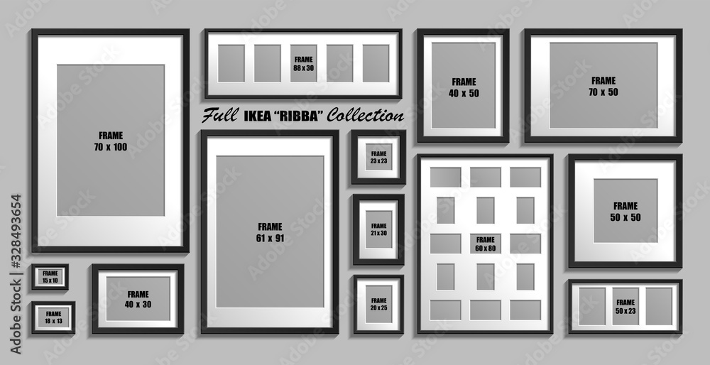 Vettoriale Stock Full collection of IKEA Ribba photo frames. Real sizes.  Vector set of black picture frames with white passepartout. | Adobe Stock