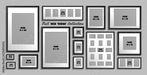 Full collection of IKEA Ribba photo frames. Real sizes. Vector set of black  picture frames with white passepartout. Stock Vector | Adobe Stock