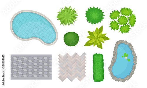 Landscape Gardening Elements with Bushes and Pool Top View Vector Set