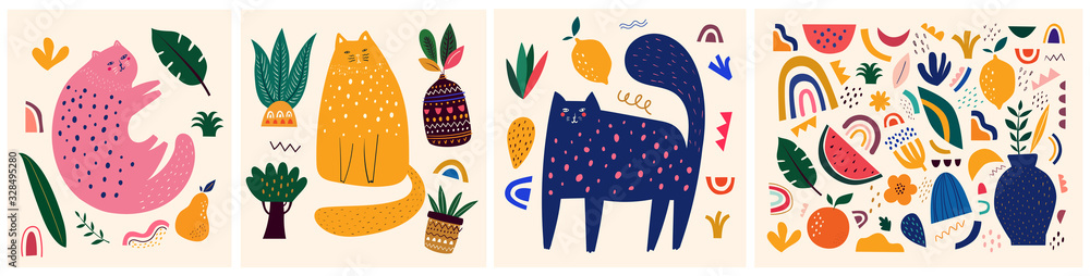 Fototapeta Śliczna kolekcja wiosennych wzorów z kotem. Ozdobny streszczenie transparent poziomy z kolorowymi gryzmoły. Ręcznie rysowane nowoczesne ilustracje z kotami, kwiatami, elementami abstrakcyjnymi