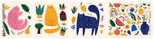 Fototapeta Śliczna kolekcja wiosennych wzorów z kotem. Ozdobny streszczenie transparent poziomy z kolorowymi gryzmoły. Ręcznie rysowane nowoczesne ilustracje z kotami, kwiatami, elementami abstrakcyjnymi