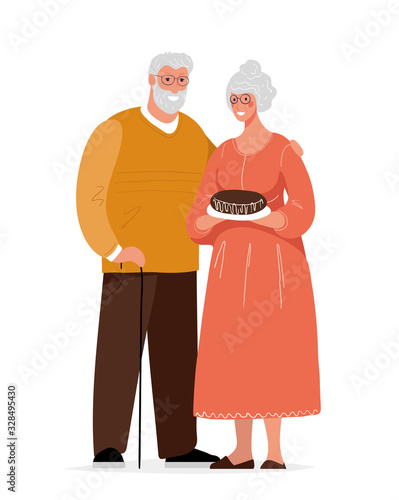 Cute elderly couple. Grandmother and grandfather. Grandpa with a cane and glasses hugs his wife. Happy granny with a pie. Flat cartoon vector illustration isolated on white background.