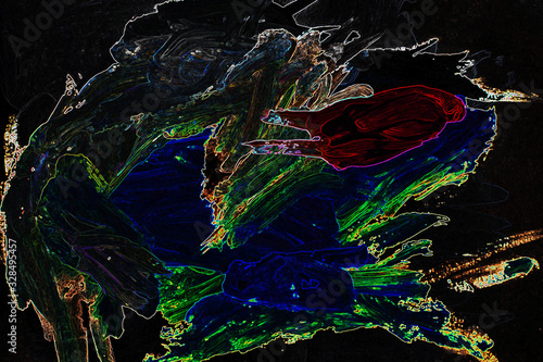 Abstract psychedelic background of multicolored blots on a black background