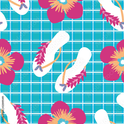 Flip flop shoe on beach seamless vector pattern background. Elegant sandals and flowers on plaid grid backdrop. Colorful summer all over print. For seaside wedding and honeymoon resort concept