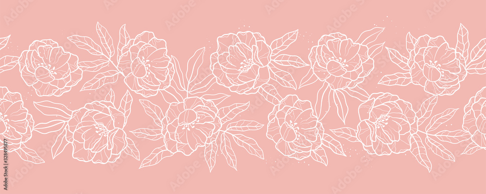 Elegant hand drawn peonies horizontal seamless pattern, lovely floral background, great for textiles, banners, wallpapers, wrapping - vector design - obrazy, fototapety, plakaty 
