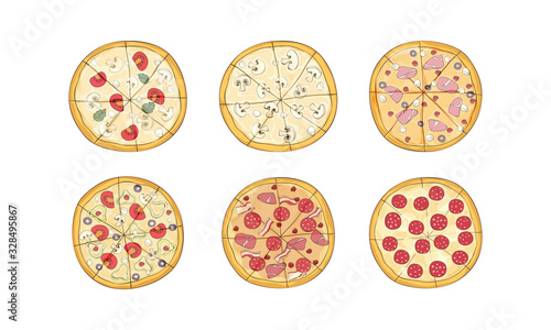 Cut Up Pizza with Different Ingredients Top View Vector Set