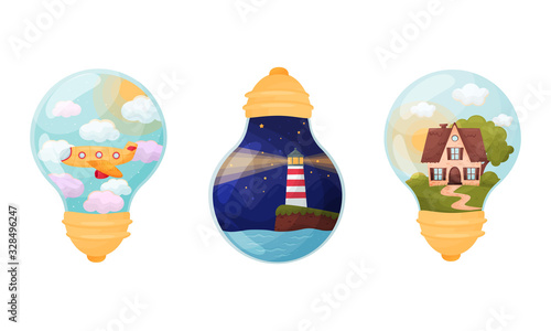 Landscapes and Scenes Inside Glass Bulb Vector Set