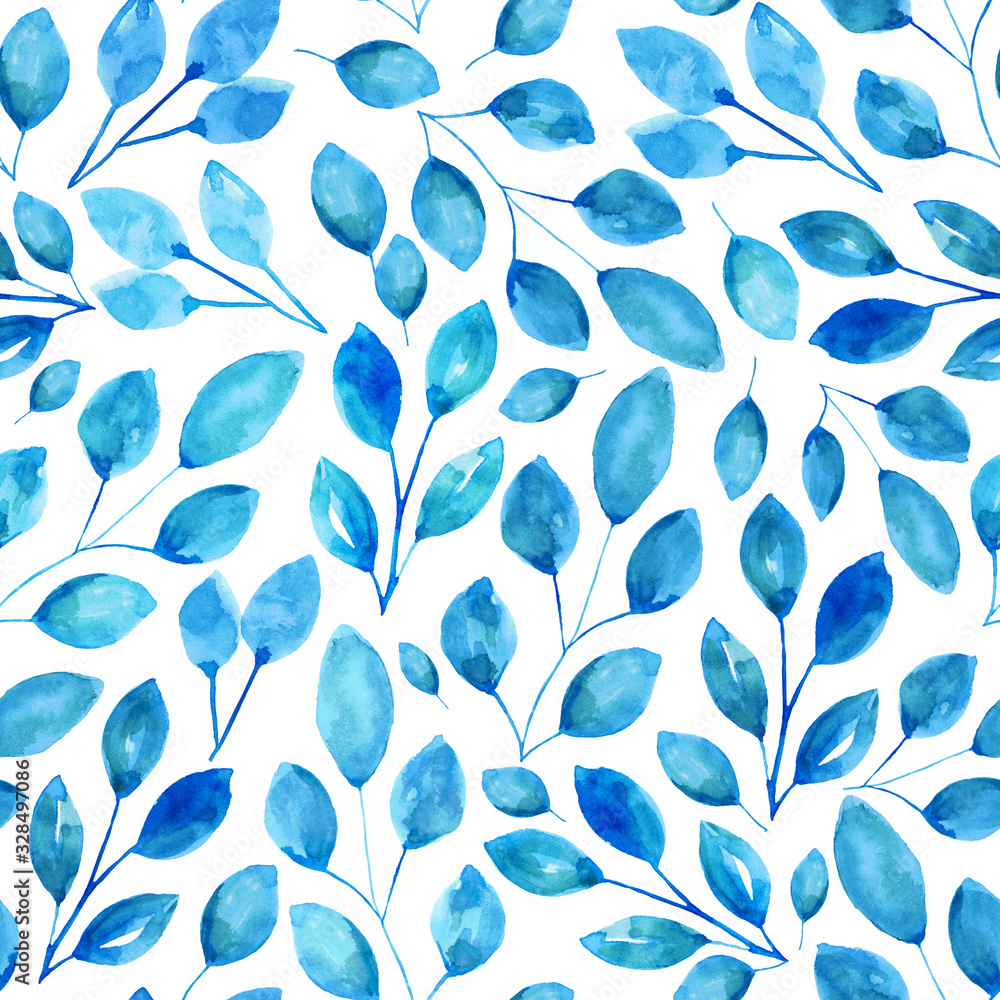 Watercolor drawing. Seamless pattern with delicate blue twigs. Bright illustration, simple shapes, children's drawing. For textiles and decor, cards, posters.