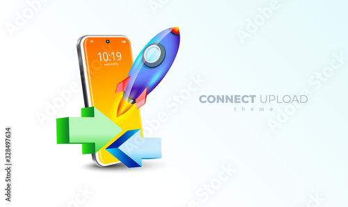 Transfer theme. Mobile display smartphone and Rocket takeoff white background illustration