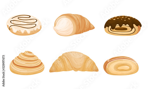 Sweet Pastry and Flour Products Like Cream-filled Bread Roll and Croissant Vector Set
