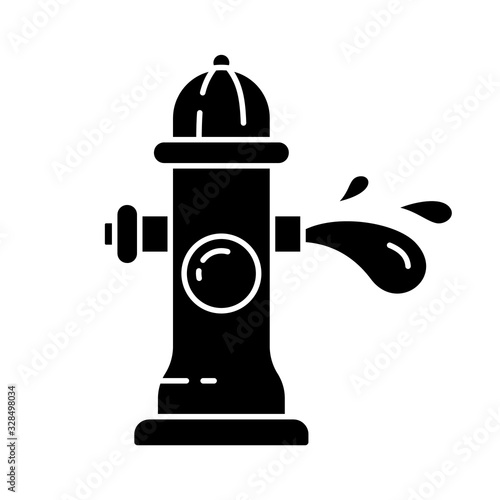 Silhouette fire hydrant with water stream. Outline icon of fireplug, splash of aqua. Cartoon black illustration of street pipe with three nipples. Flat isolated vector on white background. Open tap