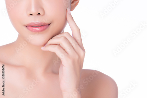 Portrait beautiful young asian woman clean fresh bare skin concept. Asian girl beauty face skincare and health wellness, Facial treatment, Perfect skin, Natural makeup, on white background,