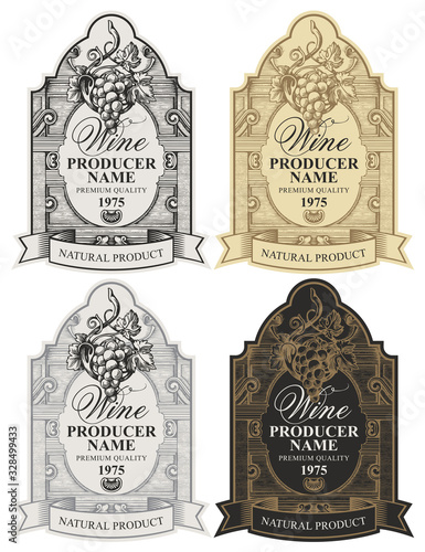 Vector set of elegant wine labels with a bunch of grapes and inscriptions in a figured frame with a ribbon in the Baroque style. Collection of ornate hand-drawn labels in various colors