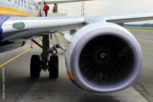 Close-up view of airplane turbine engine