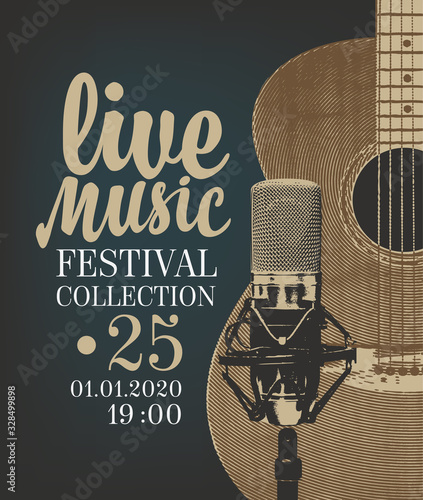 Vector poster for a live music festival or concert with a guitar, microphone and place for text in retro style. Suitable for flyer, playbill, banner, invitation, advertisement