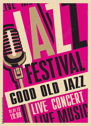Vector poster for a jazz festival or concert of live music with a microphone in retro style on the crimson background with place for text. Good old jazz.