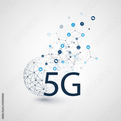 5G Network Label with Wireframe Sphere, Mesh and Icons -Abstract  Futuristic High Speed, Broadband Mobile Telecommunication and Wireless Internet Design Concept