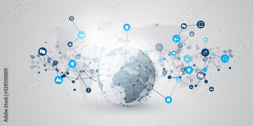 Internet of Things, Cloud Computing Design Concept with Earth Globe and Icons - Global Digital Network Connections, Smart Technology Concept