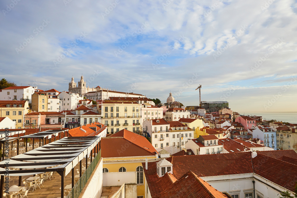 Lisbon, Portugal - Beautiful view from Miradouro de Santa Luzia on the red roofs and houses of old town