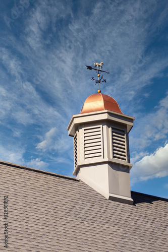 Canvas Print A cupola with copper roof and weather vane on a roof under a clear blue sky