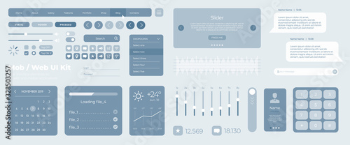 Ultimate web UI UX elements collection flat kit for mobile applications and web: icons and forms, button and check box. Universal user interface template with responsive design on grey background