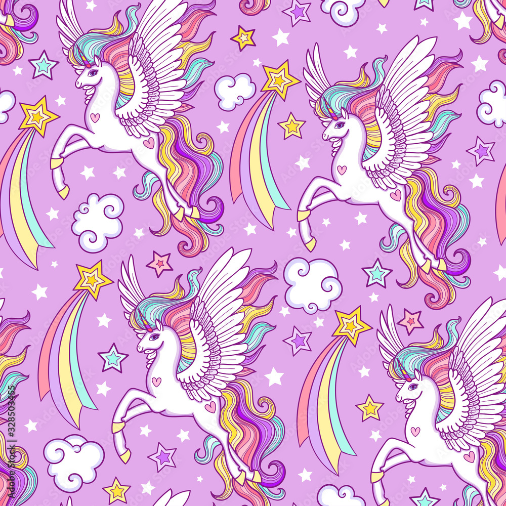 Seamless pattern with white unicorns, stars, hearts. For children's design of wallpaper, fabric, etc.