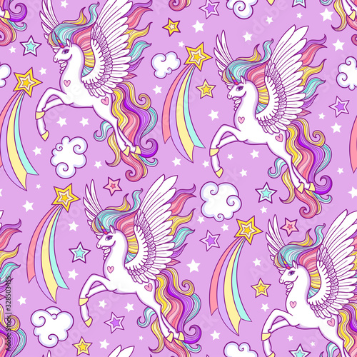 Seamless pattern with white unicorns, stars, hearts. For children's design of wallpaper, fabric, etc.