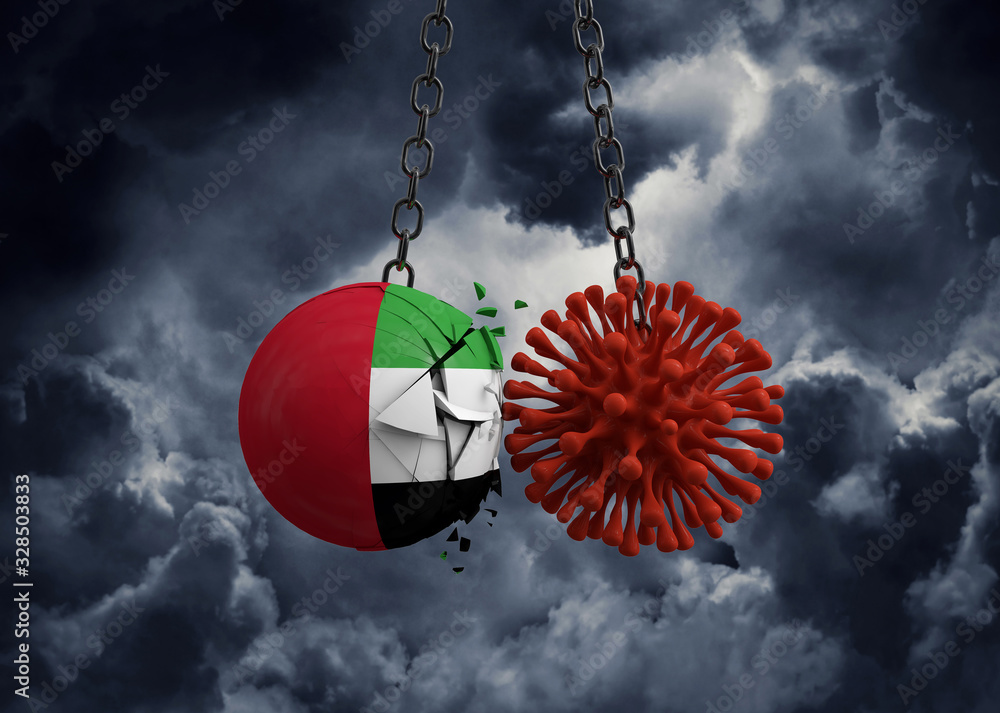 Virus microbe smashing into UAE flag ball. 3D Render