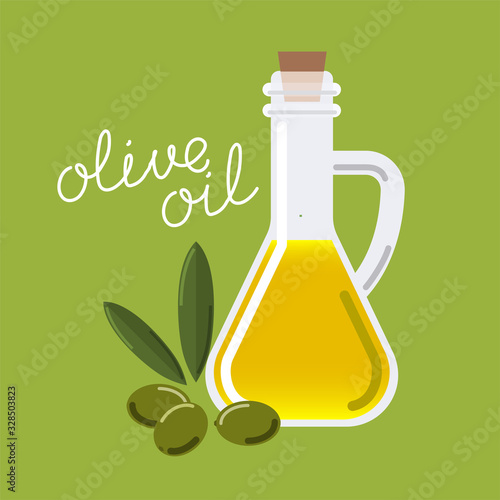 Olive oil in a glass bottle and green olives with leaves. Vector illustration