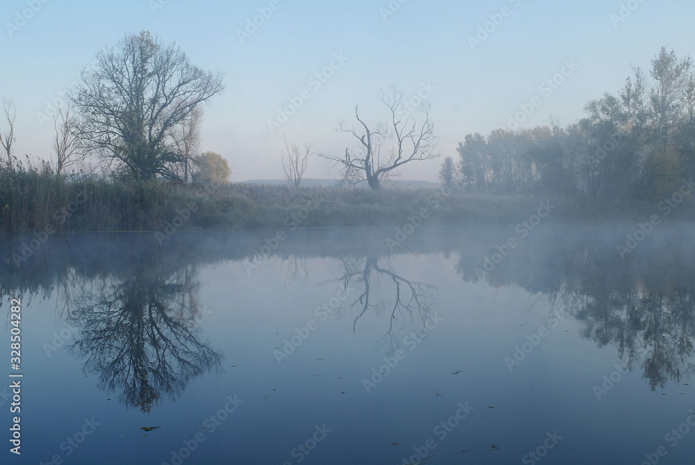 River landscape and autumn wood
