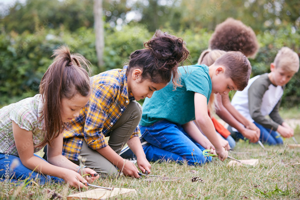 Group Of Children On Outdoor Camping Trip Learning How To Make Fire Group Of Children On Outdoor Camping Trip Learning How To Make Fire