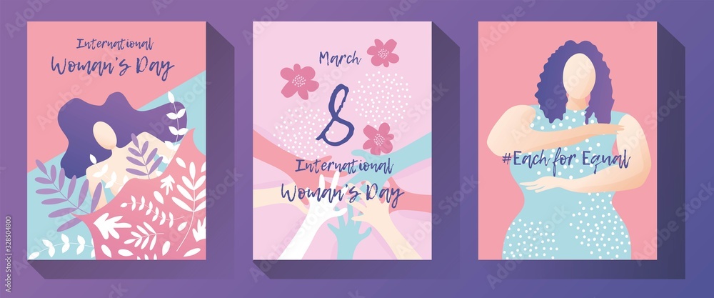 Obraz premium set of vertical posters with simple, flat, colorful illustrations of woman, flora and words for celebrating the international woman's day.