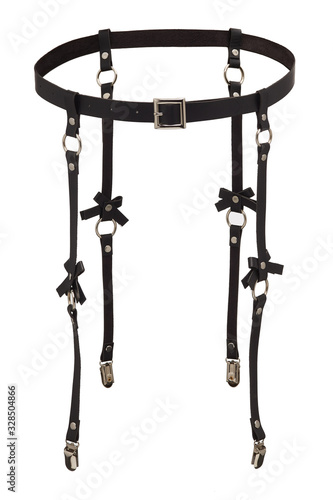 Subject shot of a black leather garter belt made of straps with rivets, steel rings, a square buckle, garter clips and decorated with leather bows. The waistband is isolated on the white background. 