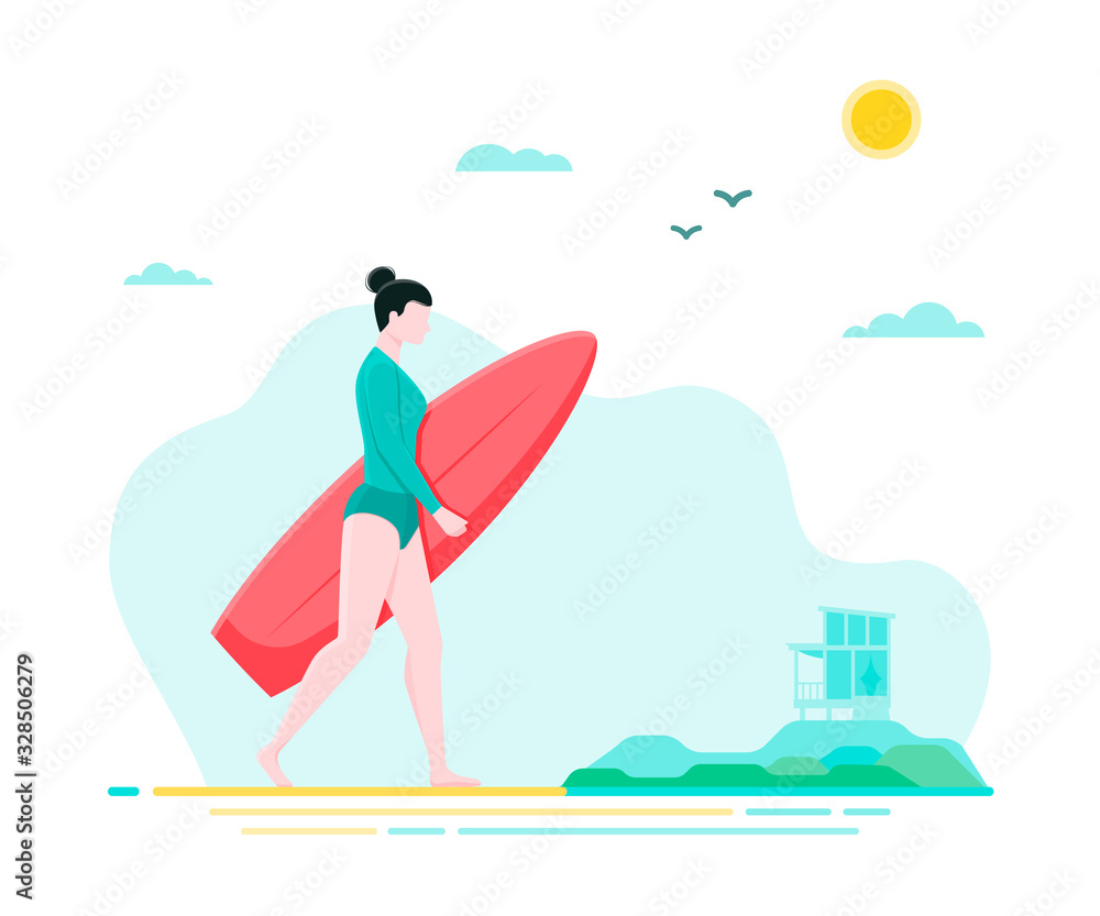 Flat illustration with surfer girl walking on the beach