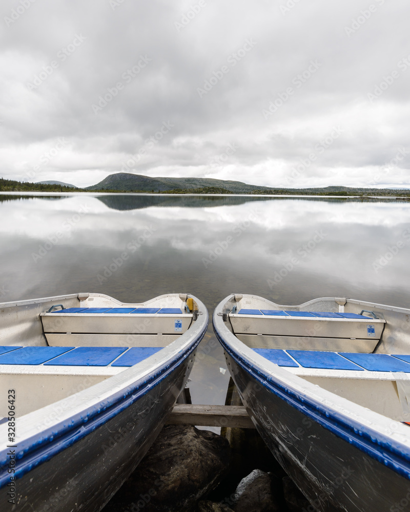 Rowing boats moored at idyllic lake