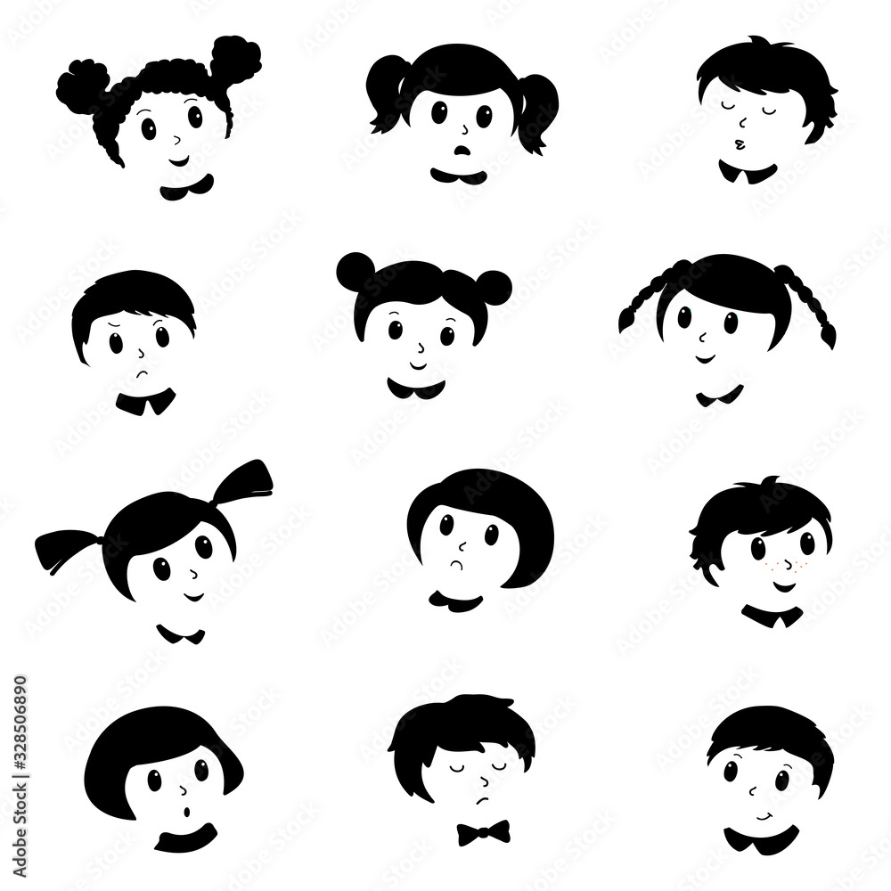 Fototapeta premium Set happy boy and girl, black silhouette isolated on white background. Vector illustration.