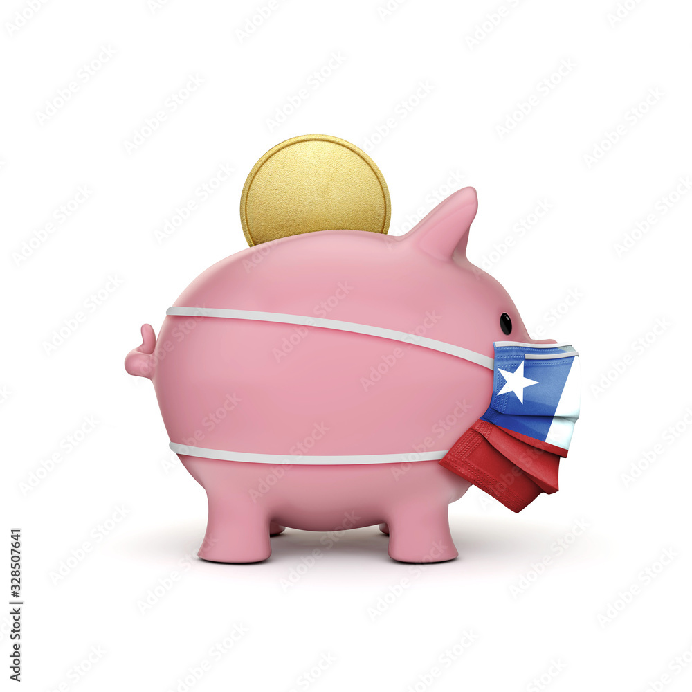 Fototapeta premium Chile healthcare savings. Piggy bank with face mask. 3D Render