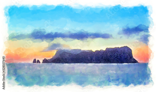 Watercolor illustration of Capri Island near Naples, Italy. Beautiful color image of a landscape with sea, mountains and bright sky. 
